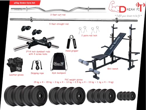 Image of DREAM FIT PVC Home Gym Set - 46 Kg with 8in1 Gym Bench, 3 ft Curling Rod, 5 ft Straight Rod, 1 Pair Dumbbell rods and Gym Accessories (46kg)