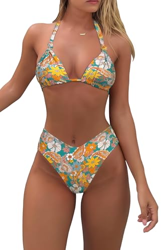 Conjunto de bikini para mujer, sexy, halter, triángulo, tanga de cintura alta, traje de baño de 2 piezas