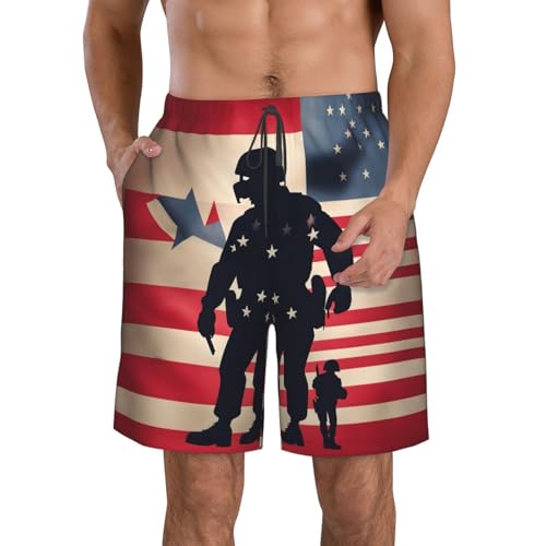US Military Soldiers Patriotic Memorial Day Print Mens Casual Shorts Drawstring Beach Stretch Shorts Novelty Swimtrunks