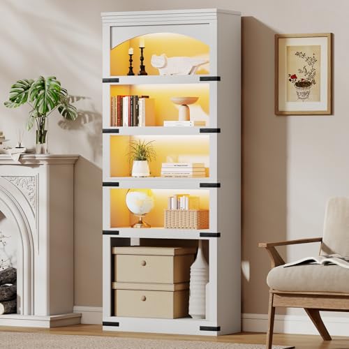 BREEZEHEAT 5-Tier Arched Bookcase, 70" Tall Bookcase with LED Lights, Floor Standing Open Display Storage Shelf with Metal Corner, Large Organizer for Living Room, Home Office, White