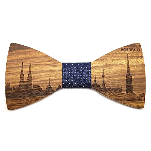 GASTON ET FERDINAND - Noeud Papillon Bois Foncé Tissu Bleu Ville Française Cocorico France Au Choix Fait Main Artisanal - Taille unique, BORDEAUX Cover