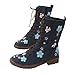Ankle Boots for Women Lace Up Combat Booties Fashion Floral Embroidered Short Booties Side Zipper Lug Sole Boots PU Leather Western Platform Boot Round Toe Shoes Blue