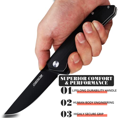 Oerla Olhb-D51 Folding Knife Outdoor Camping Tactical Ball Bearing Flipper Opening 3.9-Inch Medium Size Straight Back D2 High Carbon Steel Blade Black Titanium Coated With Deep Pocket Carry Clip (Olhb-D51 （Black G10 Handle）) #TOP2