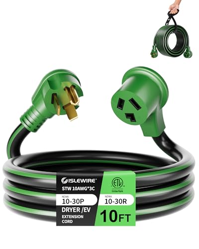islewire 30-Amp 3-Prong Dryer EV Extension Cord, 10 Feet, NEMA 10-30P to 10-30R, 125V/250V Heavy...