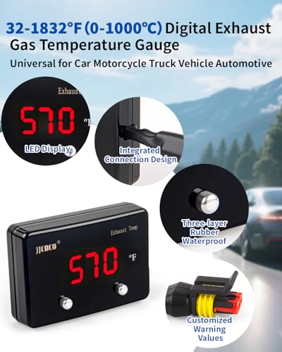 JJCOCO Exhaust Gas Temperature EGT Gauge 1832 ℉ Pyrometer Kit - LED Digital Display with EGT Sensor for Diesel Car Motorcycle ATV