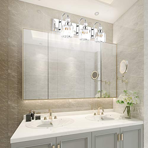 Image of Ralbay Modern LED Crystal Bathroom Vanity Lights 3-Lights Stainless Steel Crystal Vanity Lights Over Mirror Modern Crystal Bathroom Vanity Lighting Fixtures