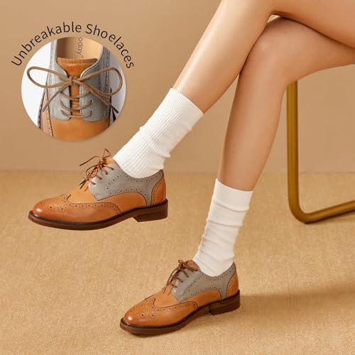 Image of BEAU TODAY Oxford Shoes for Women,Leather Brogue Dress Shoes,Comfort Brethable Ladies Lace-up Handmade Wingtip Shoes for Business Work