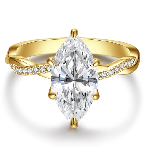 AVECON 3.5CT Marquise Cut Engagement Ring for Women, Infinity Twisted Promise Wedding Cubic Zirconia Band, 14K Gold Plated Simulated Diamond Anniversary Rings Size 7.5