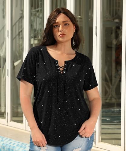 Image of CARCOS Womens Plus Size Tops Short Sleeve Shirts V Neck Tunic Floral /Tie Dye /Solid Summer Tees XL-5X