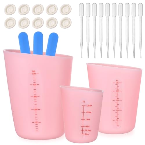 Silikon Messbeche Gießpulver, 3 Stk 125ml 250ml 500ml Silikonbecher zum Gießen, Silikon Messbecher für Gips Gießen, Epoxy Mischbecher für Epoxidharz DIY Gießformen + Mischstab/Tropfer/Fingerbetten