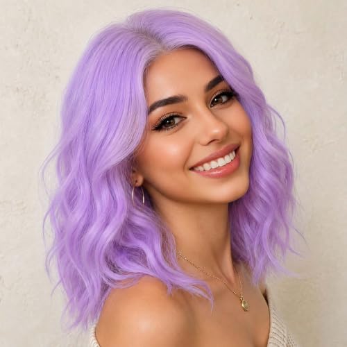 AISI HAIR 14 Inch Light Purple Wigs for Women,Wave Synthetic Lace Wig