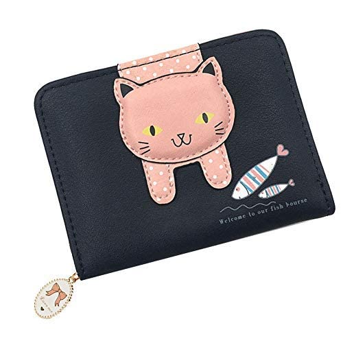 HjkiopcGirls Women Small Wallet Cute Cat Pattern Clutch Purse Coin Holder Card Organizer (Black1)