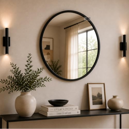 Image of Round Wall Mirror in Gold I Metal Frame Mirror I Modern Design Metal Frame Mirror in Medium Size I Bathroom Wash Basin, Bedroom, Drawing Room (Black 18 inch)