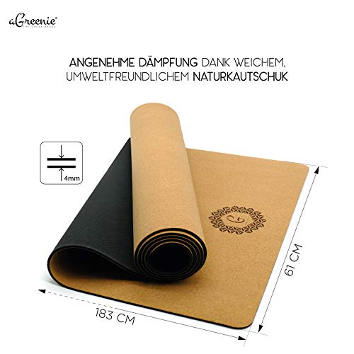 AGreenie® Premium Ecologische yogamat met tas,sport-, fitness-, gymmat van kurk en natuurlijk rubber, 4 mm, antislip, vrij van schadelijke stoffen, inclusief draagriem, massagebal en e-book - Image 3