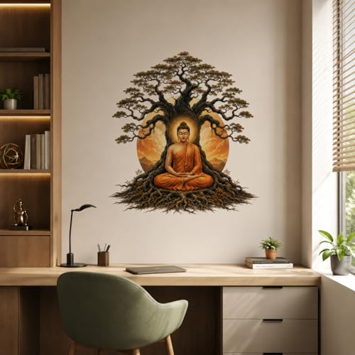 Image of Rangoli Buddha Wall Sticker Self-Adhesive 16 x 17 Inch Waterproof Wall Decor for Living Room Bedroom Office Meditation Buddha Tree Wall Decal