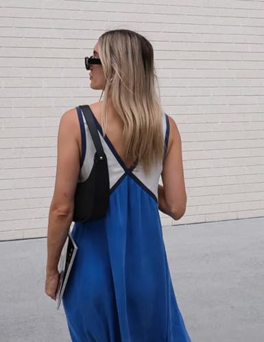 Image of Womens Summer Color Block Satin Dress Loose V Neck Contrast Patchwork Flowy Beach Vacation Long Tank Maxi Dresses