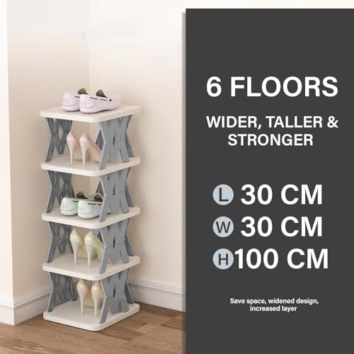 Image of Zureni Stackable Shoe Rack 6-Tier Foldable and Adjustable Footwear Organizer Portable & Expandable Storage Shelf for Home Slippers & Sandals (Grey,Pack of 1)