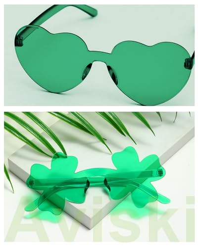 Aviski Lunettes sans monture pour fête de la Saint-Patrick - Vert - En forme de cœur - Accessoires de Saint Paddy Day (2 trèfle + 2 cœurs) – vue 7