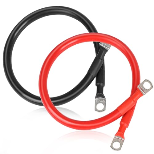 SWAWIS 2 Stück Batteriekabel M8 50cm, Batteriekabel 35mm2 Batterie Kabel 12V/24V Kupfer Ringklemmen Batteriekabel für Motorrad Solar Autobatterie Massekabel Auto Usw, Schwarz + Rot