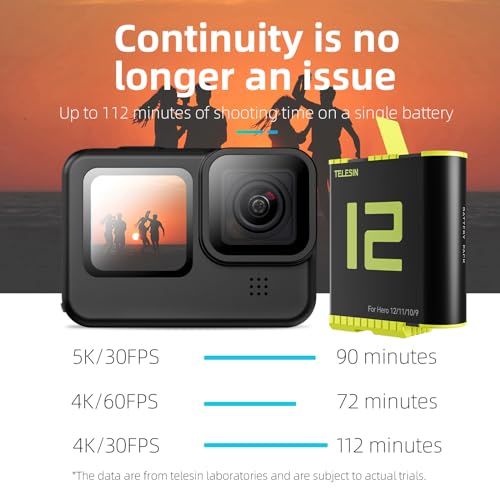 Carregador de bateria para GoPro Hero 12 Hero 11 Hero 10 Hero 9 Black, pacote com 3 baterias TELESIN