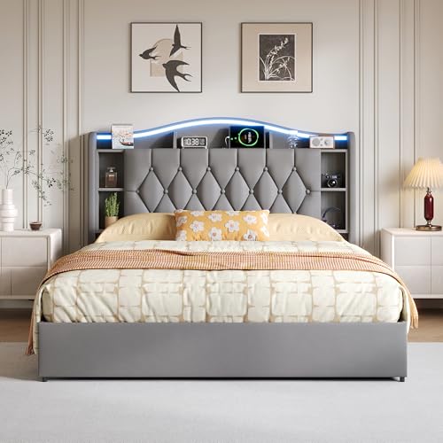 LKPOMI Cama acolchada de matrimonio, cama con almacenamiento de 140 x 190 cm con USB y LED, cabecero con compartimento de almacenamiento, estructura de cama con somier de láminas, sin colchón (gris A
