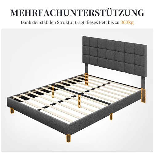 Yaheetech Polsterbett 140 x 200 cm Doppelbett mit Höhenverstellbarem Kopfteil, Stabiler Bettrahmen Stoffbett mit Lattenrost, Gepolstertes Bettgestell Jugendbett, Dunkelgrau