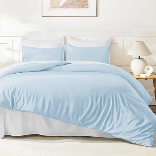 Image of Litanika Comforters Light Blue Queen Size, 3 Pieces Lightweight Solid Bedding Comforter Set, All Season Fluffy Bed Set (90x90In Comforter & 2 Pillowcases)