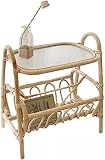 Renovation House Japanese Style Accent Table Sofa Side Storage End Table Garden Lounge Side Table Rattan Coffee Table with Toughened Glass Top Rattan Storage Basket(Size:50 * 29 * 53CM)