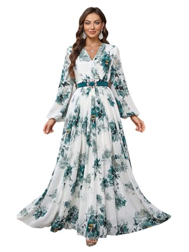 Image of TOLEEN Summer Casual Dresses for Women 2024 Spring Fashion Boho V Neck Long Sleeve Ruffle Floral Print Elegant Maxi Dress