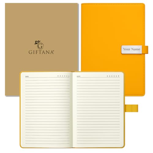 Image of Giftana Personalized Diary with Name, Customized Leather Diaries with Magnetic Overlap Lock,192 Pages, Personalised A5 Notebook Diary, New Year Corporate Gifts for Employee (Yellow -Silver Clip)