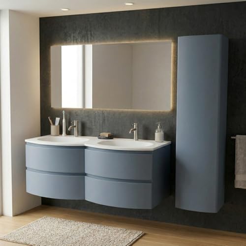 SANIVERRE Ensemble Meuble Double Vasque 140 cm +1 Colonne Bleu-Mer Collection Salle de Bain ARMONIA