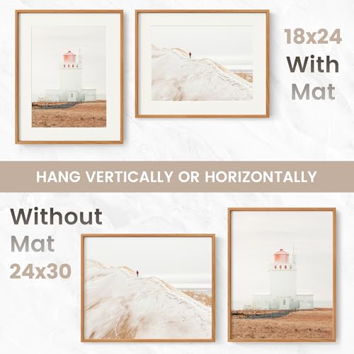 Image of 24x30 Poster Frame, USA-Sourced Natural Cherry Wood Picture Collage Frame with HD Tempered Glass, Modern Simple 24 x 30 Wooden Photo Frame Matted to 18x24, Vertical & Horizontal Wall Hanging Display