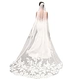 Ivory Lace Edge Bridal Veil with Comb, 118 Inches Length Tulle, Embroidery Lace Edge Layer Wedding Veil, Hair Accessories