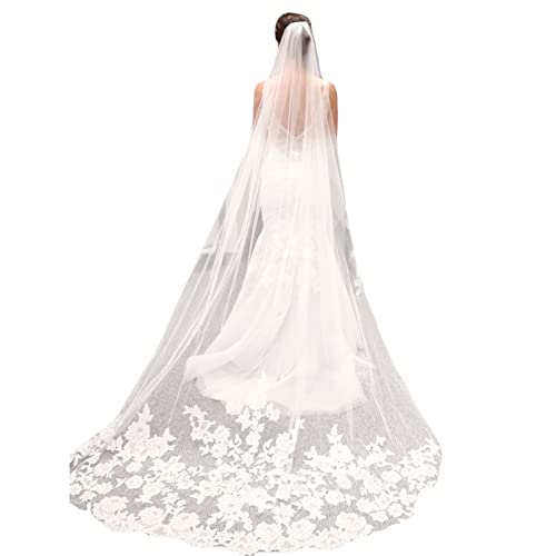 Ivory Lace Edge Bridal Veil with Comb, 118 Inches Length Tulle, Embroidery Lace Edge Layer Wedding Veil, Hair Accessories