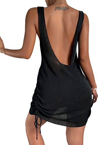 Makemechic Women's Sleeveless Drawstring Side Backless Cover Up Beach Dress Black S #TOP29