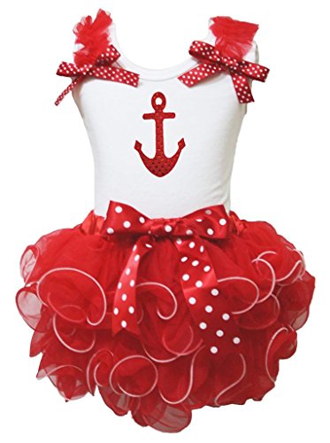 Ensemble fille avec jupe rouge pétale et t-shirt sequins motif ancre marine