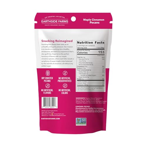 Image of Earthside Farms Maple Cinnamon Pecans Snack Packs, No Sugar Added Keto Friendly Nuts, Vegan Gluten Free Non GMO Plant Protein Treat, 4oz Resealable Snack Bags, 3 Count
