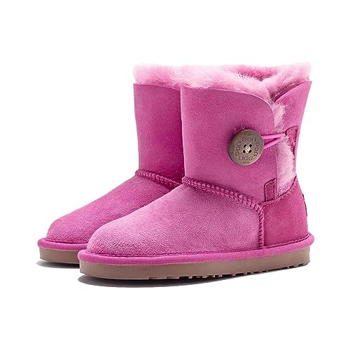 UGG AUZLAND SHEEPSKIN Snow Boots Kids Rose Pink,Short Classic Button Boots Australian Sheepskin Wool, Water Resistant, Anti-Slip, Super Warm and Comfort, AU 2/3