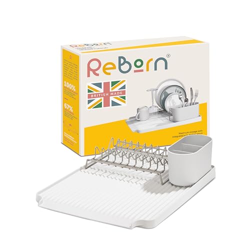ReBorn - Recycled Dish Draining Rack - Kitchen Sinkside Drainer - Holds up to 10 Plates - Removable Cutlery Basket - Stainless Steel Rack - Made in Britain (Stone, Large)