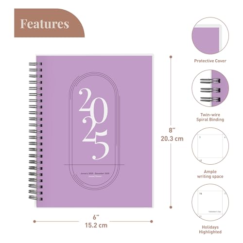 Rileys 2025 Weekly Planner - Annual Weekly & Monthly Agenda Planner, Jan - Dec 2025, Flexible Cover, Notes Pages, Twin-Wire Binding (8 x 6-Inches, Purple)