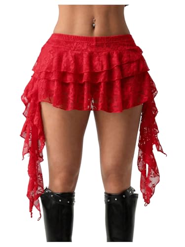 BEAUDRM Women's Y2k Lace Ruffle Mini Skirt Asymmetrical Flowy Short Skort