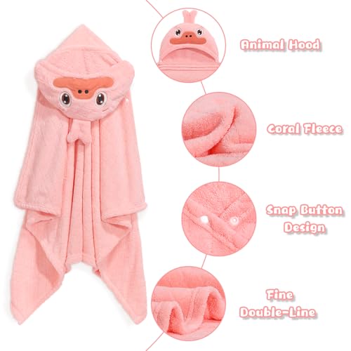 Image of Toddler Bath Towels Age 1-2, Soft Absorbent Animal Hooded Towel for Kids Girls, 2 Pack 50 inch x 32 inch Large Thick Baby Towels with Hood, White Panda & Pink Duck Set