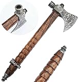 PSK98 - Custom Handmade Hand Forged Damascus Steel Tomahawk, Hatchet, Axe, Integral, Pipe, Brown