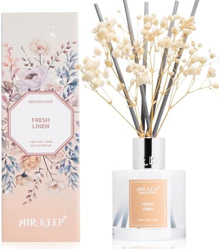 Airkeep Raumduft Fresh Linen – Reed Diffuser mit 8 Duftstäbchen, langanhaltender Lufterfrischer für Badezimmer, Schlafzimmer & Wohnzimmer, stilvolle Heimdekoration, 100m
