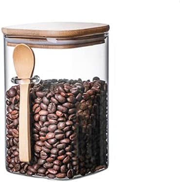 Square Glass Sealed Storage Jar with Wooden Spoon Coffee Beans Box Large Capacity Food Container Transparent Grain Cereals Tank (1200ml/42.24fl oz)