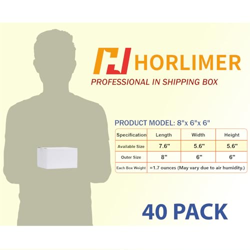Image of HORLIMER 8x6x6 Shipping Boxes Set of 40, White Corrugated Cardboard Mailer Box for Packing Small Business