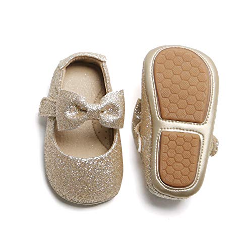 Soft Sole Leather White Baby Shoes - Infant Baby Walking Shoes Moccasinss Rubber Sole Crib Shoes(Gold,9-12Months Infant)