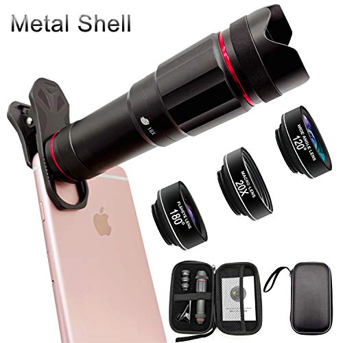 Phone Camera Lens, Faireach 4 in 1 Cell Phone Lens Kit - 18X Zoom Telephoto Lens +180° Fisheye Lens + 120° Wide Angle Lens+ 20XMacro Lens Compatible with iPhone X XS Max XR/8 Samsung Android