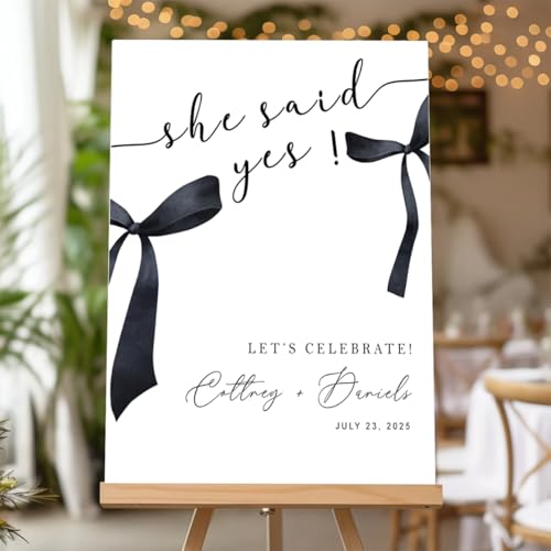 Custom She Said Yes! Engagement Party Welcome Sign with Black Bow Accents | Personalized Couple Names & Date | Elegant Engagement Celebration Decor | Waterproof PVC