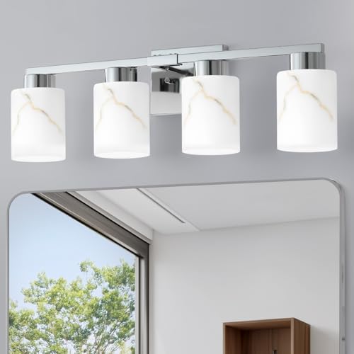 Image of 4-Light Bathroom Light Fixtures, Modern Vanity Lights, Chrome Metal Wall Lamp with White Marble Glass for Bathroom, Mirror, Living Room, Bedroom, Cabinet, Porch, Hallway, E26 Base